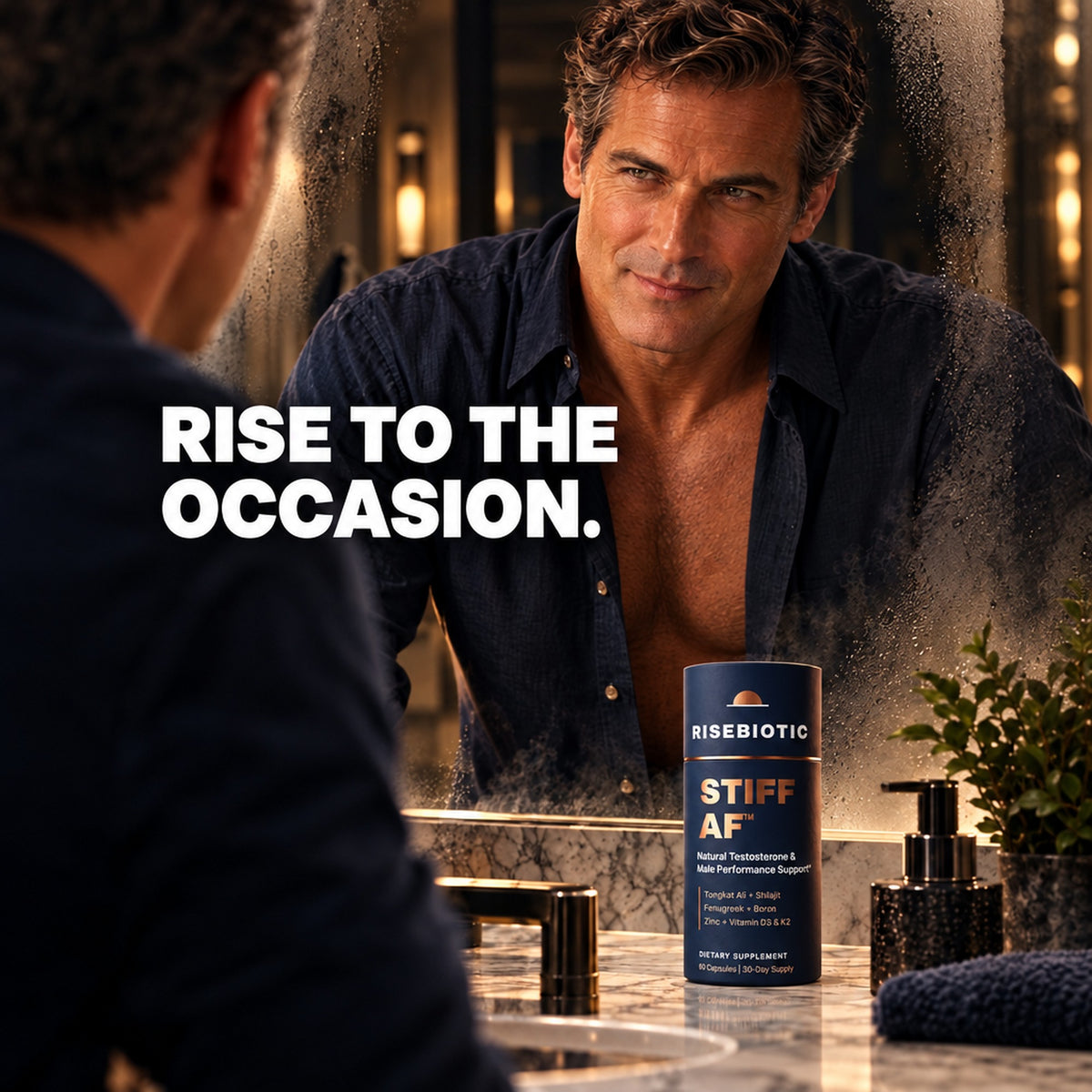 Man getting ready in the mirror: Rise to the occasion