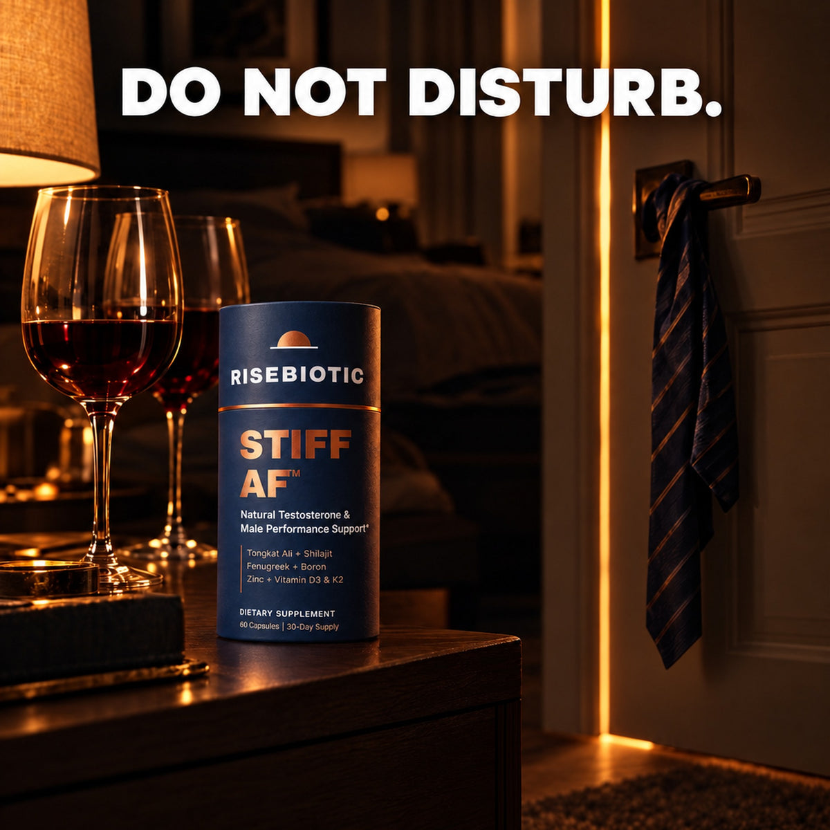 Tie on the bedroom door and STIFF AF on the nightstand: Do not disturb