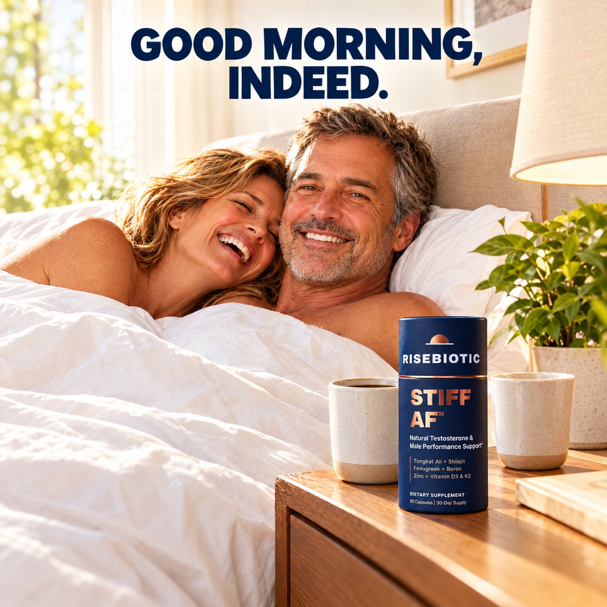 Couple laughing in bed in the morning: Good morning, indeed