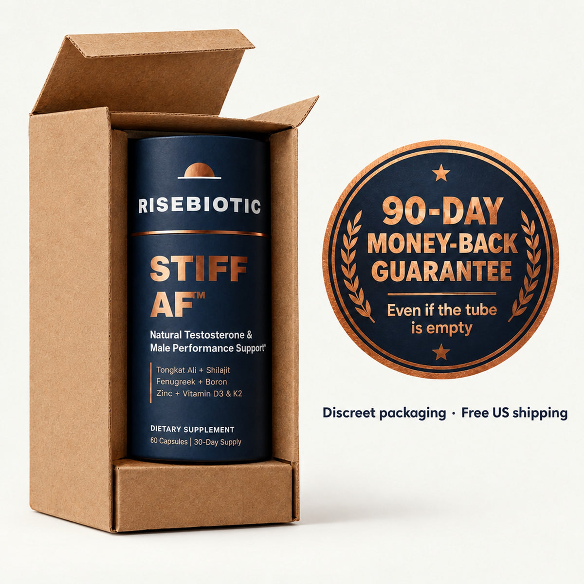Discreet plain shipping box and 90-day money-back guarantee seal